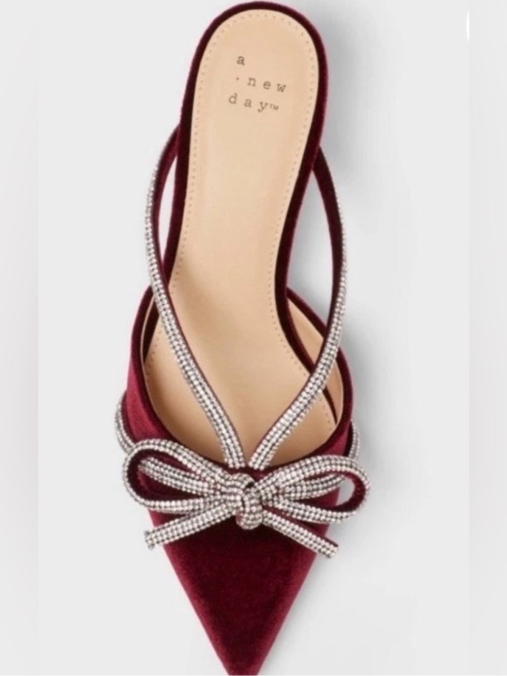 Burgundy Velvet Pointed Toe Slingback Mules with Crystal Bow Accent Kitten Heel